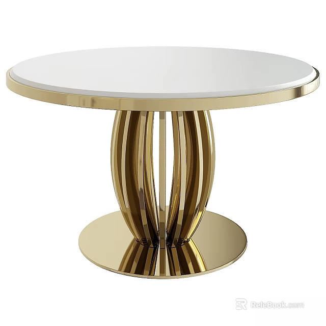 Round White Tabletop With Modern Golden Curved Legs And Shiny Base 3d model 