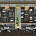 Café Interior With Blackboard Drinks Menus Green Plants Wooden Tables And Chairs