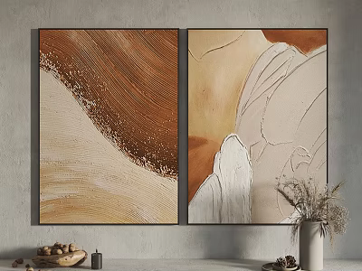 Neutral Toned Abstract Wall Art With Textured Paintings And Dried Plant Vase 3d model