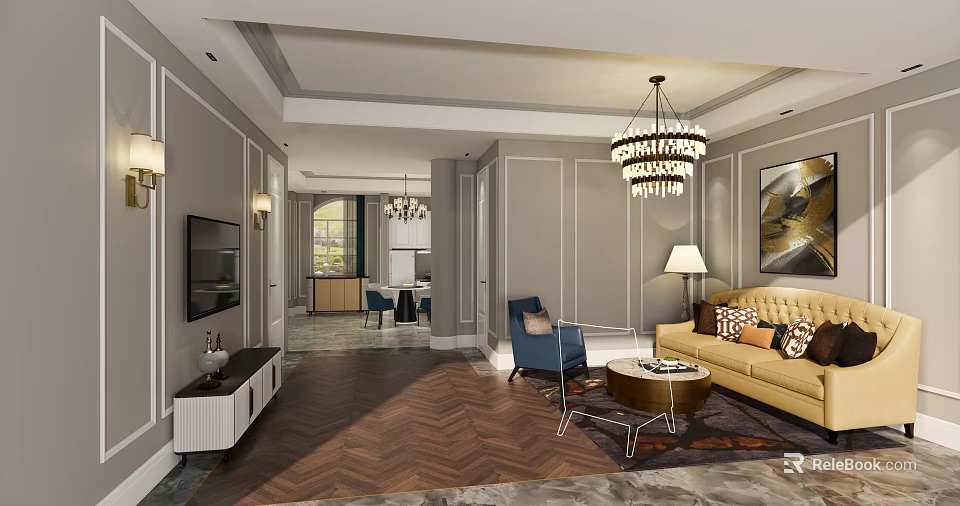 Elegant Modern Living Room Interior With Yellow Sofa Blue Armchair And Herringbone Floor 3d model 