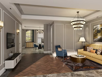 Elegant Modern Living Room Interior With Yellow Sofa Blue Armchair And Herringbone Floor 3d model