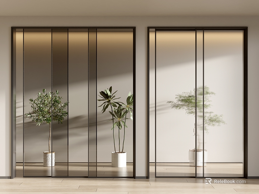 Modern Glass Sliding Doors For Home Interior Design With Indoor Plants And Frames 3d model 