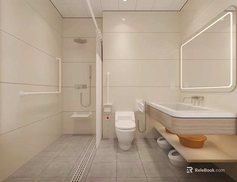 Public Restroom Interior With Modern Clean Design White Walls Toilet Sink Mirror Grab Bars And Tile Floor 3d model 