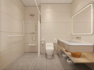 Public Restroom Interior With Modern Clean Design White Walls Toilet Sink Mirror Grab Bars And Tile Floor 3d model