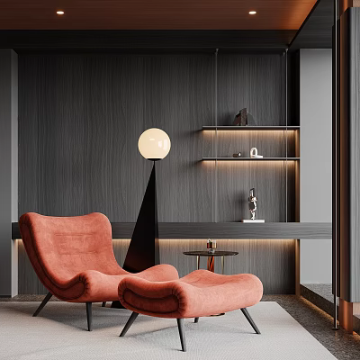 Orange Upholstered Lounge Chair With Wooden Wall And Shelves In Modern Interior 3d model