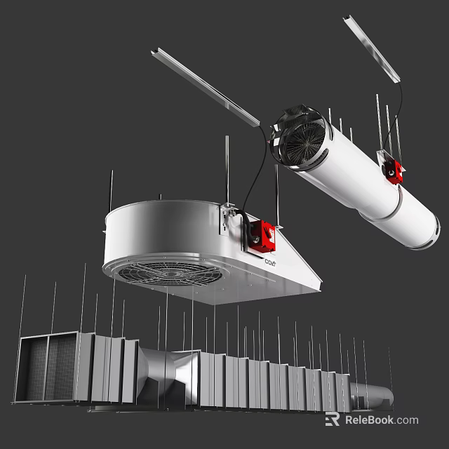 White Piping System With Red Valves Installed On Industrial Ceiling Metal Structure 3d model 