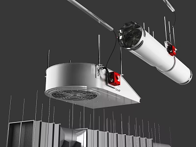 White Piping System With Red Valves Installed On Industrial Ceiling Metal Structure 3d model
