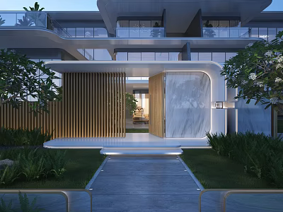 Modern Detached Villa Entrance With Wooden Grille Marble Wall And Greenery Courtyard Driveway Lighting 3d model