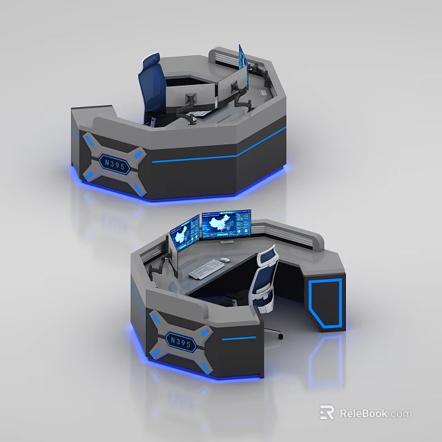 Modern Tech Inspired Workstation With Ergonomic Design Blue LED Lighting And Multiple Screens 3d model