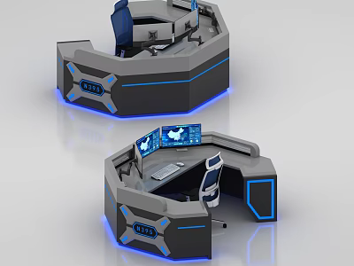 Modern Tech Inspired Workstation With Ergonomic Design Blue LED Lighting And Multiple Screens 3d model