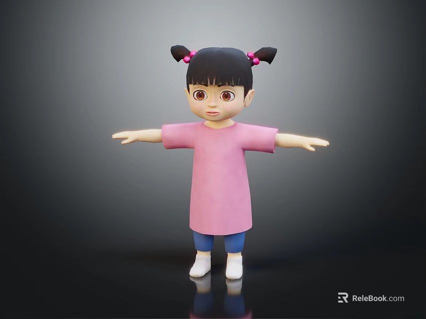 Little Girl With Pink Hair Bows Wearing Pink Shirt Blue Pants White Shoes Arms Outstretched 3d model 