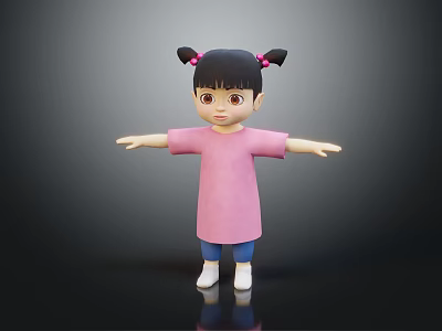 Little Girl With Pink Hair Bows Wearing Pink Shirt Blue Pants White Shoes Arms Outstretched 3d model