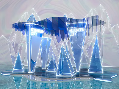 Blue Geometric Photo Spot With SUPERFUN Sign Glowing Lines And Water Reflection 3d model