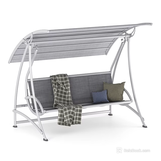 Outdoor Swing Chair with Metal Frame Gray Cushion Plaid Blanket Blue Green Pillows and Canopy 3d model 