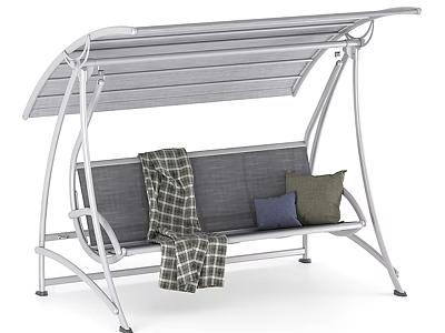 Outdoor Swing Chair with Metal Frame Gray Cushion Plaid Blanket Blue Green Pillows and Canopy 3d model