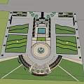 Aerial View Of Large Symmetrical Landscape With Green Spaces Water Pools And Circular Plaza