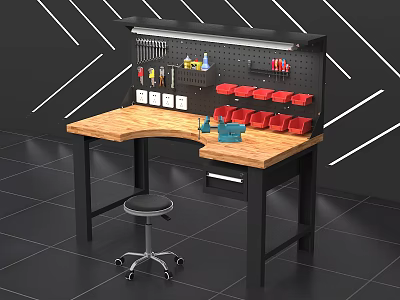 Functional Workbench with Wooden Top Black Frame Pegboard Tool Storage and Red Bins 3d model