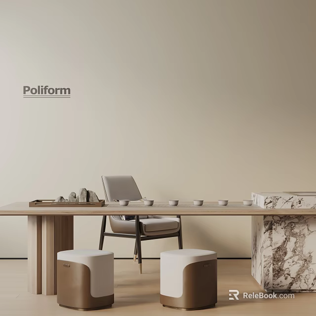 Modern Tea Room Interior With Long Wooden Table Marble Elements And Tea Sets 3d model