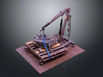 Weapon components being lifted by mechanical arm onto wooden pallet with dark background 3d model