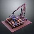 Weapon components being lifted by mechanical arm onto wooden pallet with dark background