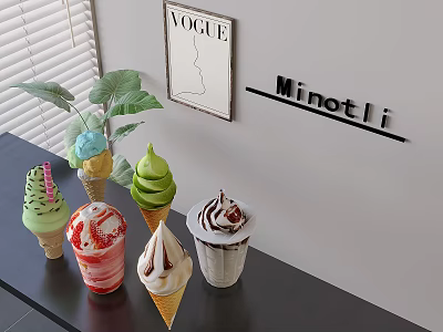 Strawberry Matcha Ice Cream Chocolate Sundae Cone Dessert Food 3d model