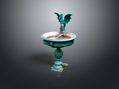 Garden Ornament Fountain With Bat Sculpture Verdigris Finish And Intricate Base Design 3d model