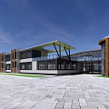 Modern Architectural Building With Geometric Glass Roof Large Windows Lawn And Stone Paved Ground