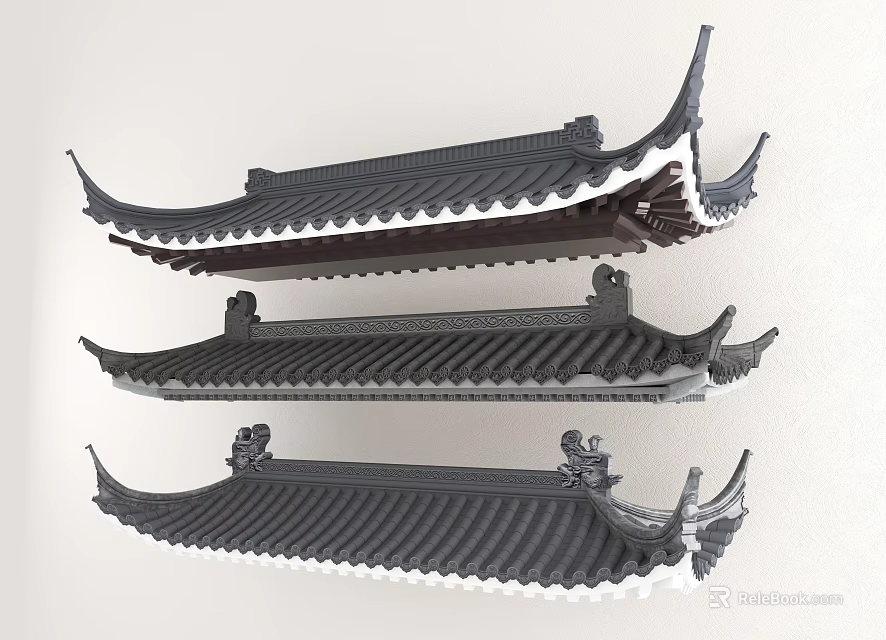 Traditional Ancient Chinese Architecture Roofs with Decorative Overhanging Eaves and Tile Details 3d model 
