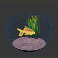 Orange Goldfish Swimming in Glass Fishbowl with Green Aquatic Plants and Sand