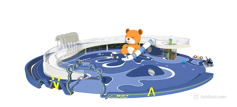 Children's Play Area With Cute Teddy Bear Slide Blue Play Floor And White Safety Railings 3d model 