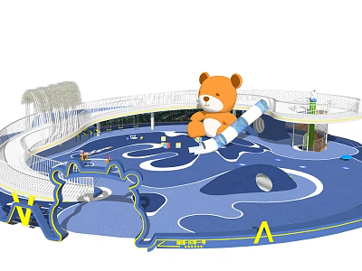 Children's Play Area With Cute Teddy Bear Slide Blue Play Floor And White Safety Railings 3d model