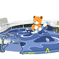 Children's Play Area With Cute Teddy Bear Slide Blue Play Floor And White Safety Railings
