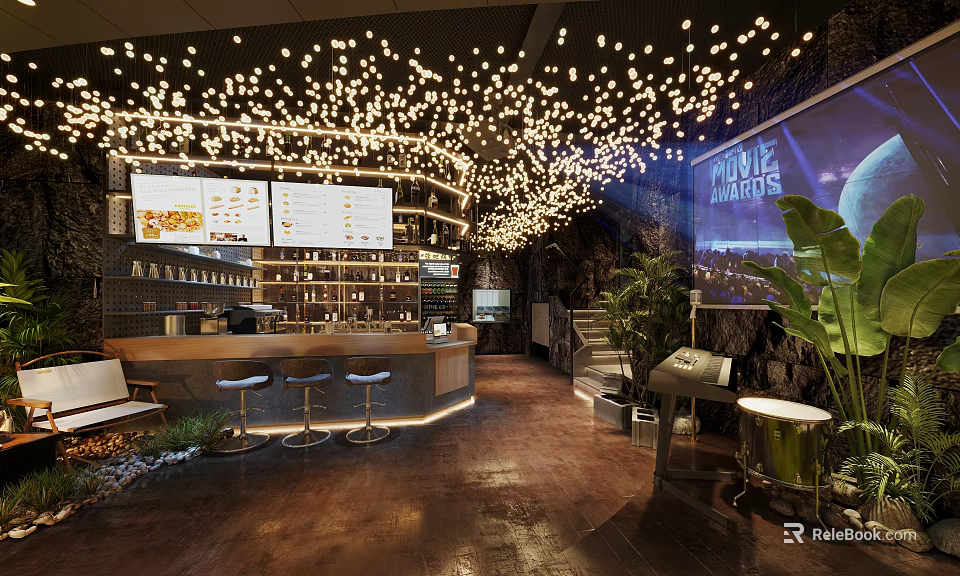 Modern Restaurant Interior Design With Decorative Ceiling Lights Bar Counter Menu Screens And Green Plants 3d model 