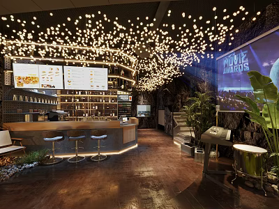 Modern Restaurant Interior Design With Decorative Ceiling Lights Bar Counter Menu Screens And Green Plants 3d model