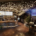 Modern Restaurant Interior Design With Decorative Ceiling Lights Bar Counter Menu Screens And Green Plants