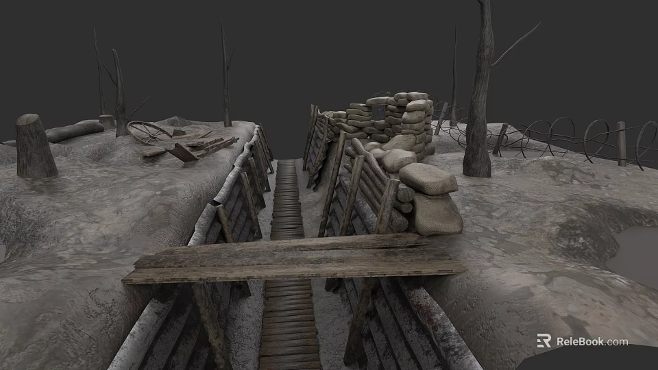 Dilapidated Battlefield Trench With Wooden Planks Stones And Dead Trees 3d model 