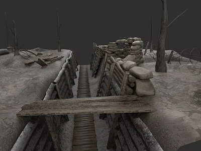 Dilapidated Battlefield Trench With Wooden Planks Stones And Dead Trees 3d model