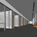 Modern Office Corridor With Glass Partitions White Walls Wooden Doors Orange Sofa And Sleek Floor