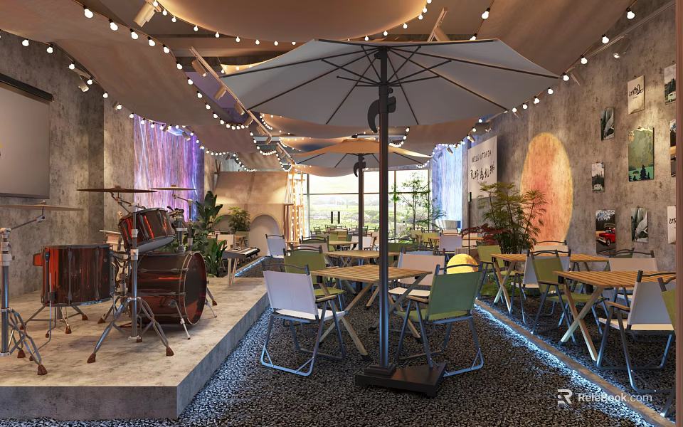 Cozy Casual Lounge Area With String Lights Umbrella Gray Walls Plants And Pebble Floor 3d model 