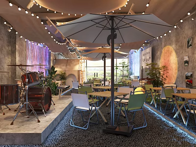 Cozy Casual Lounge Area With String Lights Umbrella Gray Walls Plants And Pebble Floor 3d model
