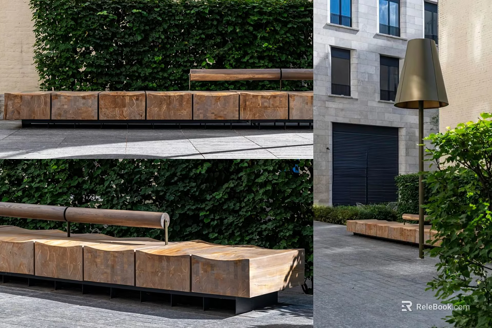 Outdoor Urban Seating Space With Wooden Benches Greenery And Modern Building 3d model 