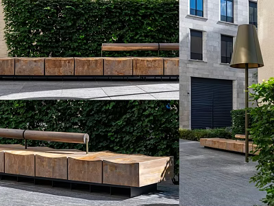 Outdoor Urban Seating Space With Wooden Benches Greenery And Modern Building 3d model