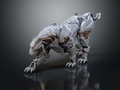 Smart Machine Mechanical Cheetah with Silver Black Orange Details Crouching Stance Metallic Texture Dark Background 3d model