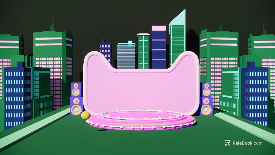 Pink Stage With Purple Speakers And Colorful Tall Buildings On Green Ground 3d model 