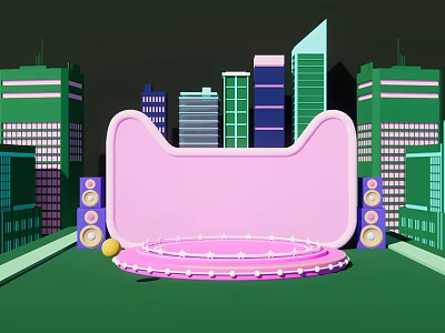 Pink Stage With Purple Speakers And Colorful Tall Buildings On Green Ground 3d model