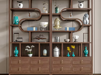 Traditional Chinese Wooden Display Shelf With Vases Buddha Statue Porcelain And Decorative Items 3d model