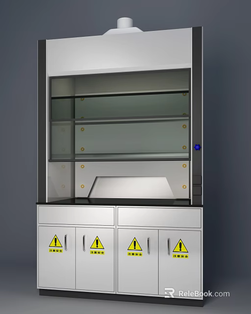 Medical Device Laboratory Fume Hood With Glass Shelves Silver Cabinets And Yellow Warning Signs 3d model 