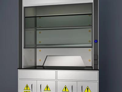 Medical Device Laboratory Fume Hood With Glass Shelves Silver Cabinets And Yellow Warning Signs 3d model