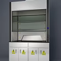 Medical Device Laboratory Fume Hood With Glass Shelves Silver Cabinets And Yellow Warning Signs