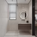 Modern Bathroom Interior with Beige Tiles Gray Checkered Shower Curtain Window Blinds and Dark Vanity